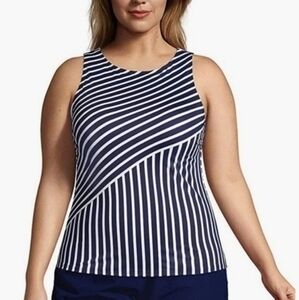 14DDD Lands' End Women's High Neck Navy & White Stripe‎ Tankini Swim Top